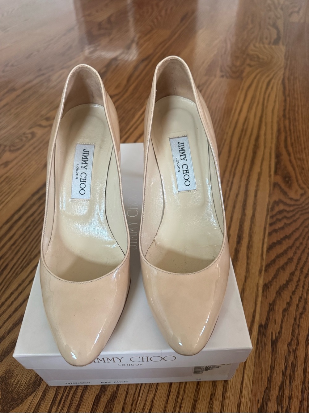Jimmy Choo Beige Patent Leather Gilbert Pumps